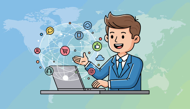 Dynamic illustration of a smiling businessman in a blue suit using a laptop, surrounded by a glowing global network of interconnected icons representing social media, communication, and e-commerce