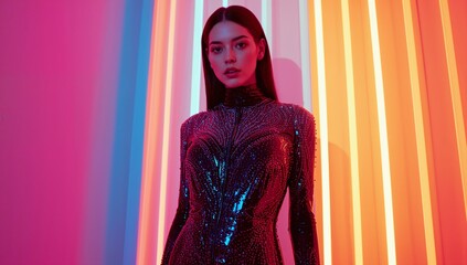 Standing Asian female model reflecting LED bars in studio, sequined bodysuit lighting highlights