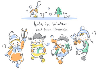 クリスマスプレゼントを抱えて走る子供たち　やわらかくて暖かみのある水彩風手描き線画イラスト