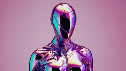 Standing iridescent humanoid wearing bodysuit in studio with pink gradient backdrop, zipper detail