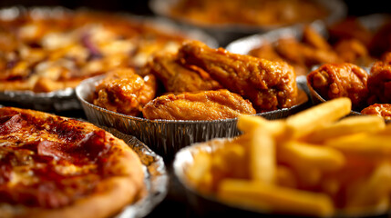 A variety of fast food in foil containers, including pizza slices, chicken wings, and fries