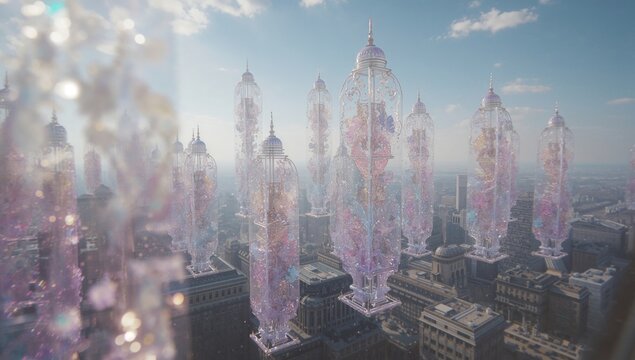 Hovering ornate crystalline lantern-like towers drifting over urban center, with pastel crystals - Powered by Adobe