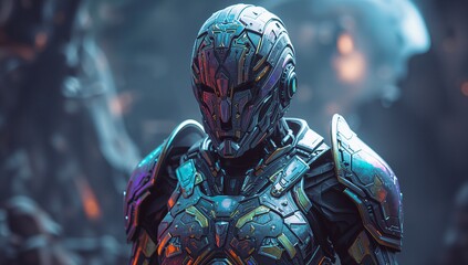 Standing humanoid showcasing exoskeleton armor and circuitry helmet in hangar glowing conduits