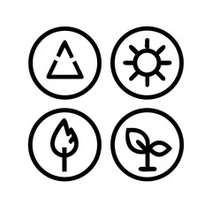 Vector art of four elements of nature in a simple line art style air, sun, fire, and earth, each represented by a minimalist icon inside a circle