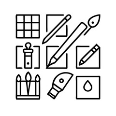 Vector art of a collection of art and design tools in a simple line art style grid, pencil, brush, pen, pipette, palette, and paint drop, each represented by a minimalist icon