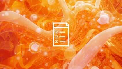 Presenting white document checklist icon floating on abstract canvas, with swirling orange ribbons