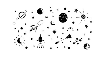 Vector art of handdrawn space elements planets, stars, rocket, ufo, telescope, moon, sun, constellation cute cosmic doodles for kids, astronomy, science, galaxy concept, vector illustration © bilkish