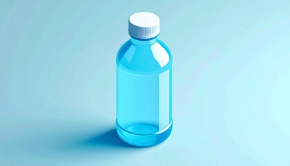 A clear blue plastic bottle filled with clear liquid, set against a light blue background.