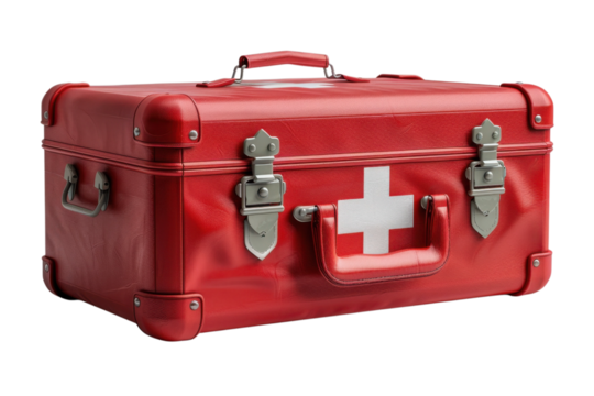 Red first aid kit with white cross symbol for medical emergencies and preparedness in home or workplace on transparent background