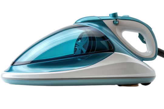 Modern steam generator iron with blue accents and a transparent water tank for efficient ironing tasks on transparent background