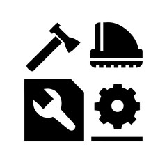 Vector art of industrial tool icon set includes hammer, pipe, wrench, and gear icons, representing construction, plumbing, and mechanical work processes