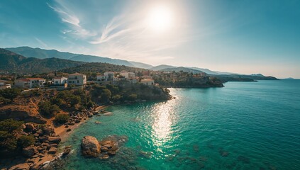 Showing whitewashed houses perched on rocky cliffs at sunny bay, with turquoise sea, copy space