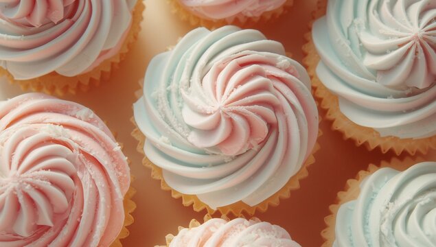 Showing pastel-swirl buttercream cupcakes with paper liners on bakery tabletop, with sugar crystals - Powered by Adobe