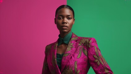 Standing model posing against magenta emerald backdrop wearing fuchsia blazer with gold embroidery