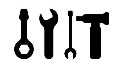 Illustration of a screwdriver, wrench, and hammer, representing tools, repair, construction, maintenance, and mechanical work in a minimalist style
