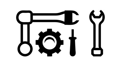 Illustration of a wrench, gear, and screwdriver, representing tools, repair, construction, maintenance, and mechanical work in a minimalist style