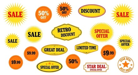 Yellow starbursts and promotional badges set . Orange round price stickers, sunburst promo tags, retro discount emblems. Sale star special offer stamps, advertising labels isolated on white background