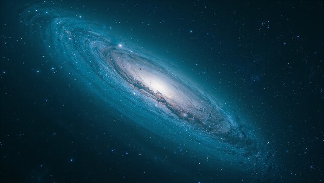 Showing tilted spiral galaxy filling space with central bulge, arms, dust lanes, stars and nebulae