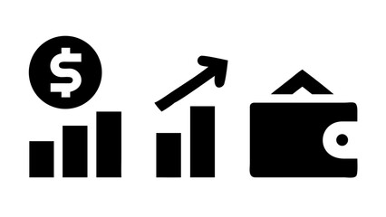 Illustration of a dollar coin, bar chart, and wallet, representing finance, investment, growth, and wealth management in a clean and modern style