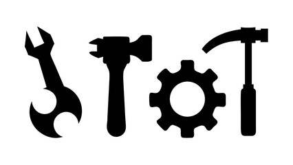 Illustration of a wrench, hammer, gear, and claw hammer, symbolizing tools, repair, construction, and maintenance in a simple and clean design