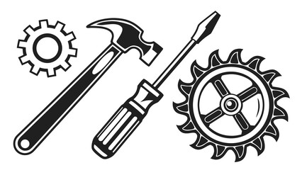 Vector art of a collection of tools including a hammer, screwdriver, and gears these tools represent repair, construction, and mechanical work, perfect for illustrating various concepts