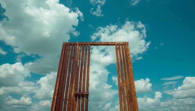 Standing tall rusted metal gate frame contrasting blue sky in open landscape, with weathered latch - Powered by Adobe