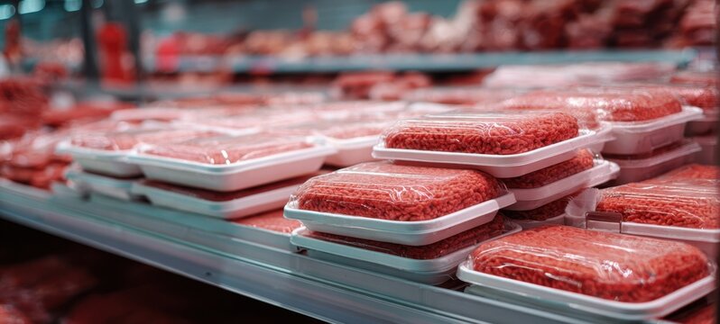 The packaged ground beef trays neatly stacked in a supermarket refrigerated meat case display