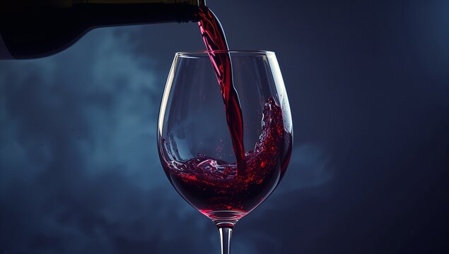 Pouring dark wine bottle filling clear stemmed wine glass in studio, with swirling red wine