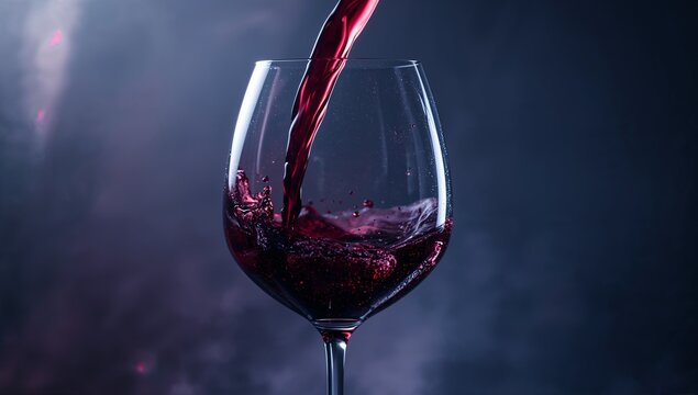Pouring red wine into stemmed glass over dark blue-gray studio backdrop, capturing swirling bubbles
