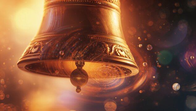 Shining ornate brass bell revealing central clapper in dreamlike glow with floating light particles
