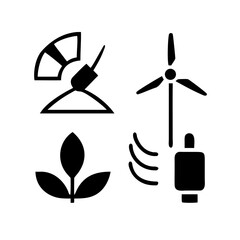 Vector art of icon set representing renewable energy sources and sustainable agriculture, including wind turbine, solar panel, plant, and wireless communication