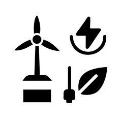 Vector art of illustration showcasing sustainable energy sources a wind turbine, a lightning bolt, a plug, and a leaf symbolize renewable power and environmental consciousness