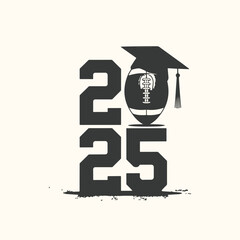 Vector art of class of 2025 graduation cap and football graphic design, representing academic achievement and athletic pursuit for the upcoming graduating year