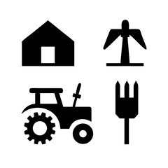 Illustration of a farmhouse, a scarecrow, a tractor, and a pitchfork ideal for representing agriculture, farming, or rural life in a clean and simple style