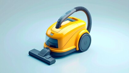 Fototapeta premium A bright yellow canister vacuum cleaner with a gray hose and floor nozzle, set against a light blue background.