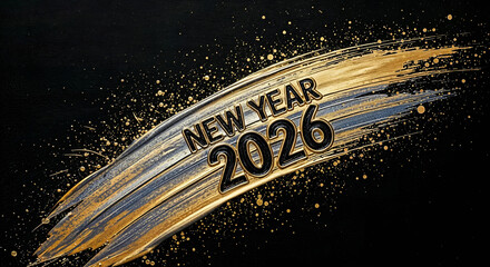 New year 2026 text with gold and black brush stroke and confetti on black background