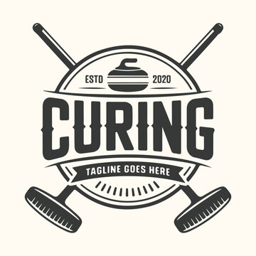 Vector art of vintage curling sport emblem with crossed brushes and stone, featuring the word curing and estd 2020 for a retro athletic club or team logo design