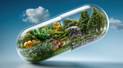 Miniature ecosystem inside capsule environmental illustration