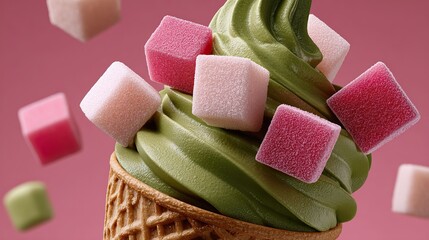 Green ice cream cone with floating colorful cube candies