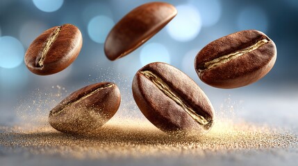 Roasted coffee beans floating with illuminated dust