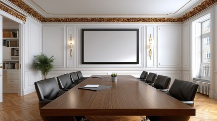 Meeting room interior with wooden table chairs and screen