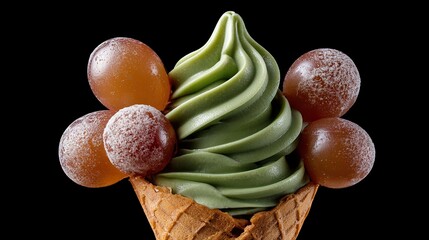 Green soft serve ice cream with candied fruit on cone