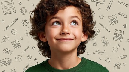 Young boy smiling and looking upwards with doodle background
