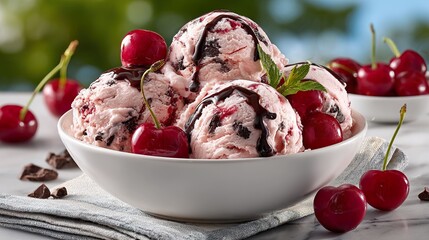 Ice cream with cherries in a bowl close up