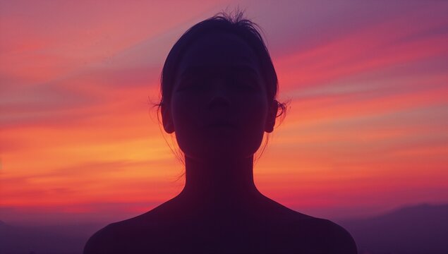 Standing female silhouette facing forward on elevated hilltop at sunset, with vivid colorful sky