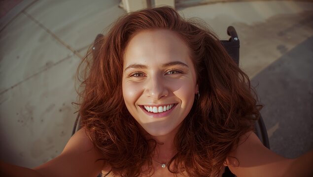 Smiling adult woman taking selfie on paved courtyard, with wheelchair backrest and smartphone