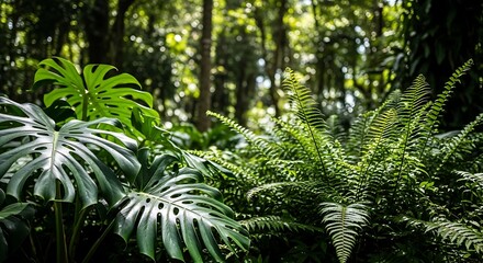 Lush green tropical forest with diverse plant life and sunlight.