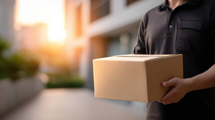 Person Lifting Parcel from Apartment Doorstep in Blurred Background during Sunset for Delivery Concept Illustration