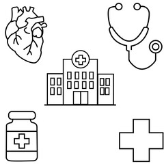 Medical line icon set – hospital, heart, stethoscope, health cross, medicine bottle