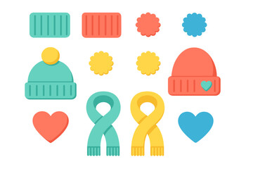 Brightly colored set of winter fashion accessories including knit beanies and warm scarves